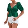 imageLYANER Womens Satin Deep V Neck Puff Short Sleeve Tie Front Ruffle Hem Blouse Crop Peplum TopDark Green