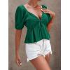 imageLYANER Womens Satin Deep V Neck Puff Short Sleeve Tie Front Ruffle Hem Blouse Crop Peplum TopDark Green