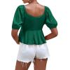 imageLYANER Womens Satin Deep V Neck Puff Short Sleeve Tie Front Ruffle Hem Blouse Crop Peplum TopDark Green