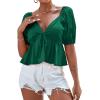 imageLYANER Womens Satin Deep V Neck Puff Short Sleeve Tie Front Ruffle Hem Blouse Crop Peplum TopDark Green