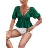 imageLYANER Womens Satin Deep V Neck Puff Short Sleeve Tie Front Ruffle Hem Blouse Crop Peplum TopDark Green