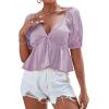 imageLYANER Womens Satin Deep V Neck Puff Short Sleeve Tie Front Ruffle Hem Blouse Crop Peplum TopLight Purple