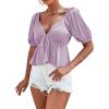 imageLYANER Womens Satin Deep V Neck Puff Short Sleeve Tie Front Ruffle Hem Blouse Crop Peplum TopLight Purple