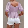 imageLYANER Womens Satin Deep V Neck Puff Short Sleeve Tie Front Ruffle Hem Blouse Crop Peplum TopLight Purple