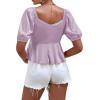 imageLYANER Womens Satin Deep V Neck Puff Short Sleeve Tie Front Ruffle Hem Blouse Crop Peplum TopLight Purple