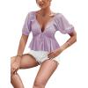 imageLYANER Womens Satin Deep V Neck Puff Short Sleeve Tie Front Ruffle Hem Blouse Crop Peplum TopLight Purple