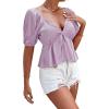 imageLYANER Womens Satin Deep V Neck Puff Short Sleeve Tie Front Ruffle Hem Blouse Crop Peplum TopLight Purple