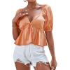 imageLYANER Womens Satin Deep V Neck Puff Short Sleeve Tie Front Ruffle Hem Blouse Crop Peplum TopOrange