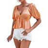 imageLYANER Womens Satin Deep V Neck Puff Short Sleeve Tie Front Ruffle Hem Blouse Crop Peplum TopOrange