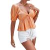 imageLYANER Womens Satin Deep V Neck Puff Short Sleeve Tie Front Ruffle Hem Blouse Crop Peplum TopOrange