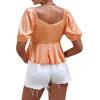 imageLYANER Womens Satin Deep V Neck Puff Short Sleeve Tie Front Ruffle Hem Blouse Crop Peplum TopOrange