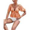 imageLYANER Womens Satin Deep V Neck Puff Short Sleeve Tie Front Ruffle Hem Blouse Crop Peplum TopOrange