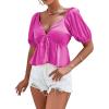 imageLYANER Womens Satin Deep V Neck Puff Short Sleeve Tie Front Ruffle Hem Blouse Crop Peplum TopRose Red