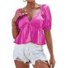 imageLYANER Womens Satin Deep V Neck Puff Short Sleeve Tie Front Ruffle Hem Blouse Crop Peplum TopRose Red