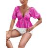 imageLYANER Womens Satin Deep V Neck Puff Short Sleeve Tie Front Ruffle Hem Blouse Crop Peplum TopRose Red