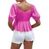 imageLYANER Womens Satin Deep V Neck Puff Short Sleeve Tie Front Ruffle Hem Blouse Crop Peplum TopRose Red