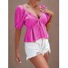 imageLYANER Womens Satin Deep V Neck Puff Short Sleeve Tie Front Ruffle Hem Blouse Crop Peplum TopRose Red