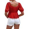 imageLYANER Womens Satin Deep V Neck Puff Short Sleeve Tie Front Ruffle Hem Blouse Crop Peplum TopWatermelon Red