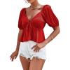 imageLYANER Womens Satin Deep V Neck Puff Short Sleeve Tie Front Ruffle Hem Blouse Crop Peplum TopWatermelon Red