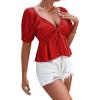 imageLYANER Womens Satin Deep V Neck Puff Short Sleeve Tie Front Ruffle Hem Blouse Crop Peplum TopWatermelon Red