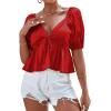 imageLYANER Womens Satin Deep V Neck Puff Short Sleeve Tie Front Ruffle Hem Blouse Crop Peplum TopWatermelon Red