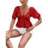 imageLYANER Womens Satin Deep V Neck Puff Short Sleeve Tie Front Ruffle Hem Blouse Crop Peplum TopWatermelon Red
