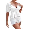 imageLYANER Womens Satin Deep V Neck Puff Short Sleeve Tie Front Ruffle Hem Blouse Crop Peplum TopWhite