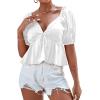 imageLYANER Womens Satin Deep V Neck Puff Short Sleeve Tie Front Ruffle Hem Blouse Crop Peplum TopWhite