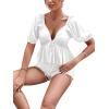 imageLYANER Womens Satin Deep V Neck Puff Short Sleeve Tie Front Ruffle Hem Blouse Crop Peplum TopWhite