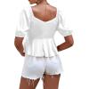imageLYANER Womens Satin Deep V Neck Puff Short Sleeve Tie Front Ruffle Hem Blouse Crop Peplum TopWhite