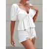 imageLYANER Womens Satin Deep V Neck Puff Short Sleeve Tie Front Ruffle Hem Blouse Crop Peplum TopWhite