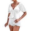 imageLYANER Womens Satin Deep V Neck Puff Short Sleeve Tie Front Ruffle Hem Blouse Crop Peplum TopWhite