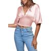 imageLYANER Womens Satin Deep V Neck Ruched Blouse Shirred Back Batwing Short Sleeve Crop TopBaby Pink