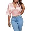 imageLYANER Womens Satin Deep V Neck Ruched Blouse Shirred Back Batwing Short Sleeve Crop TopBaby Pink