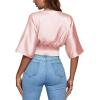 imageLYANER Womens Satin Deep V Neck Ruched Blouse Shirred Back Batwing Short Sleeve Crop TopBaby Pink