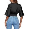 imageLYANER Womens Satin Deep V Neck Ruched Blouse Shirred Back Batwing Short Sleeve Crop TopBlack