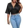 imageLYANER Womens Satin Deep V Neck Ruched Blouse Shirred Back Batwing Short Sleeve Crop TopBlack