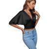 imageLYANER Womens Satin Deep V Neck Ruched Blouse Shirred Back Batwing Short Sleeve Crop TopBlack