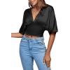 imageLYANER Womens Satin Deep V Neck Ruched Blouse Shirred Back Batwing Short Sleeve Crop TopBlack