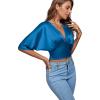 imageLYANER Womens Satin Deep V Neck Ruched Blouse Shirred Back Batwing Short Sleeve Crop TopBlue