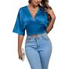 imageLYANER Womens Satin Deep V Neck Ruched Blouse Shirred Back Batwing Short Sleeve Crop TopBlue