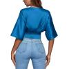 imageLYANER Womens Satin Deep V Neck Ruched Blouse Shirred Back Batwing Short Sleeve Crop TopBlue
