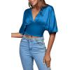 imageLYANER Womens Satin Deep V Neck Ruched Blouse Shirred Back Batwing Short Sleeve Crop TopBlue
