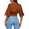 imageLYANER Womens Satin Deep V Neck Ruched Blouse Shirred Back Batwing Short Sleeve Crop TopBrown