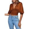 imageLYANER Womens Satin Deep V Neck Ruched Blouse Shirred Back Batwing Short Sleeve Crop TopBrown