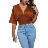 imageLYANER Womens Satin Deep V Neck Ruched Blouse Shirred Back Batwing Short Sleeve Crop TopBrown
