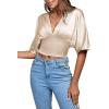 imageLYANER Womens Satin Deep V Neck Ruched Blouse Shirred Back Batwing Short Sleeve Crop TopChampagne