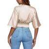 imageLYANER Womens Satin Deep V Neck Ruched Blouse Shirred Back Batwing Short Sleeve Crop TopChampagne