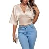 imageLYANER Womens Satin Deep V Neck Ruched Blouse Shirred Back Batwing Short Sleeve Crop TopChampagne