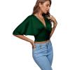 imageLYANER Womens Satin Deep V Neck Ruched Blouse Shirred Back Batwing Short Sleeve Crop TopDark Green